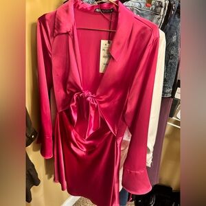 Zara Fuschia Satin Effect Mini Tie-Front Long Ruffle Sleeve Dress Size XL
